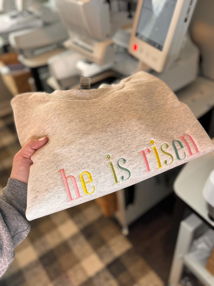 He Is Risen embroidered sweatshirt from Willow Cove Goods