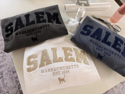 NEW Salem Massachusetts Embroidered Sweatshirt | Comfort Colors Crewneck | Black Cat Halloween Sweater | EST 1626